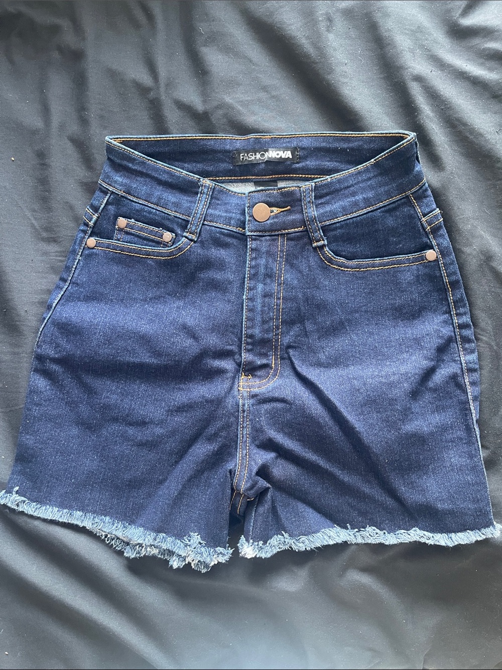Fashion Nova Dark Blue Frayed High-Waist Denim Shorts